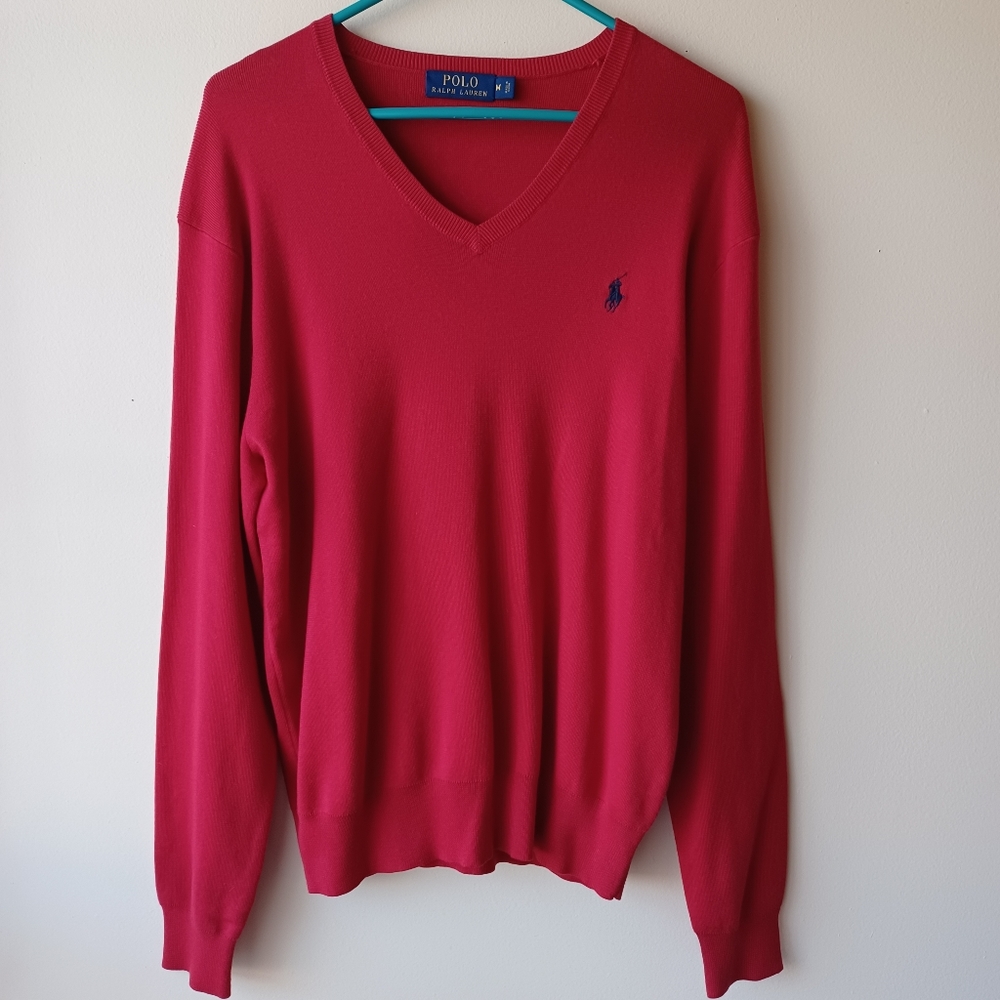 Polo Ralph Lauren Red Pima Cotton V Neck Long Sleeved Sweater
